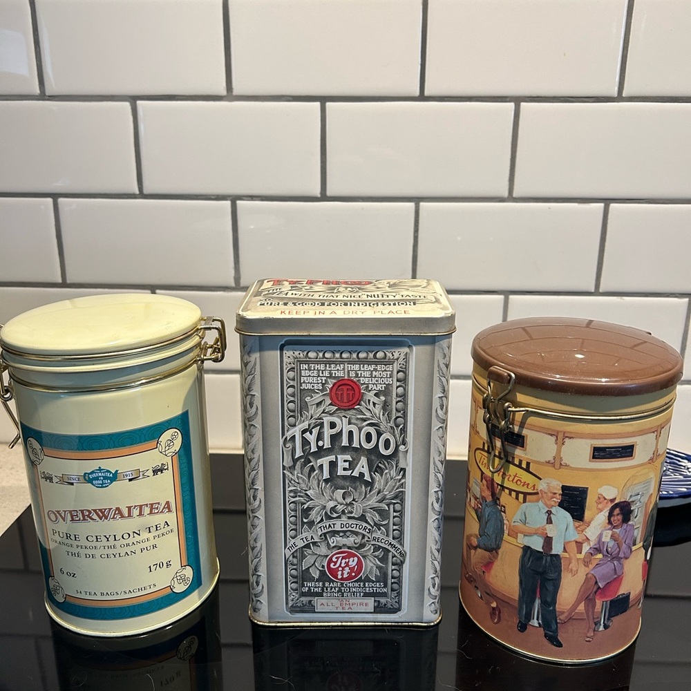 Overwaitea and Typhoo Tea Storage and Tim Hortons  Tins - Cream, Silver, Brown
